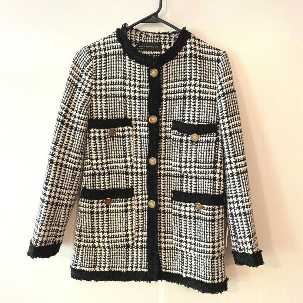 Zara Houndstooth Tweed Blazer Jacket Blogger Fave